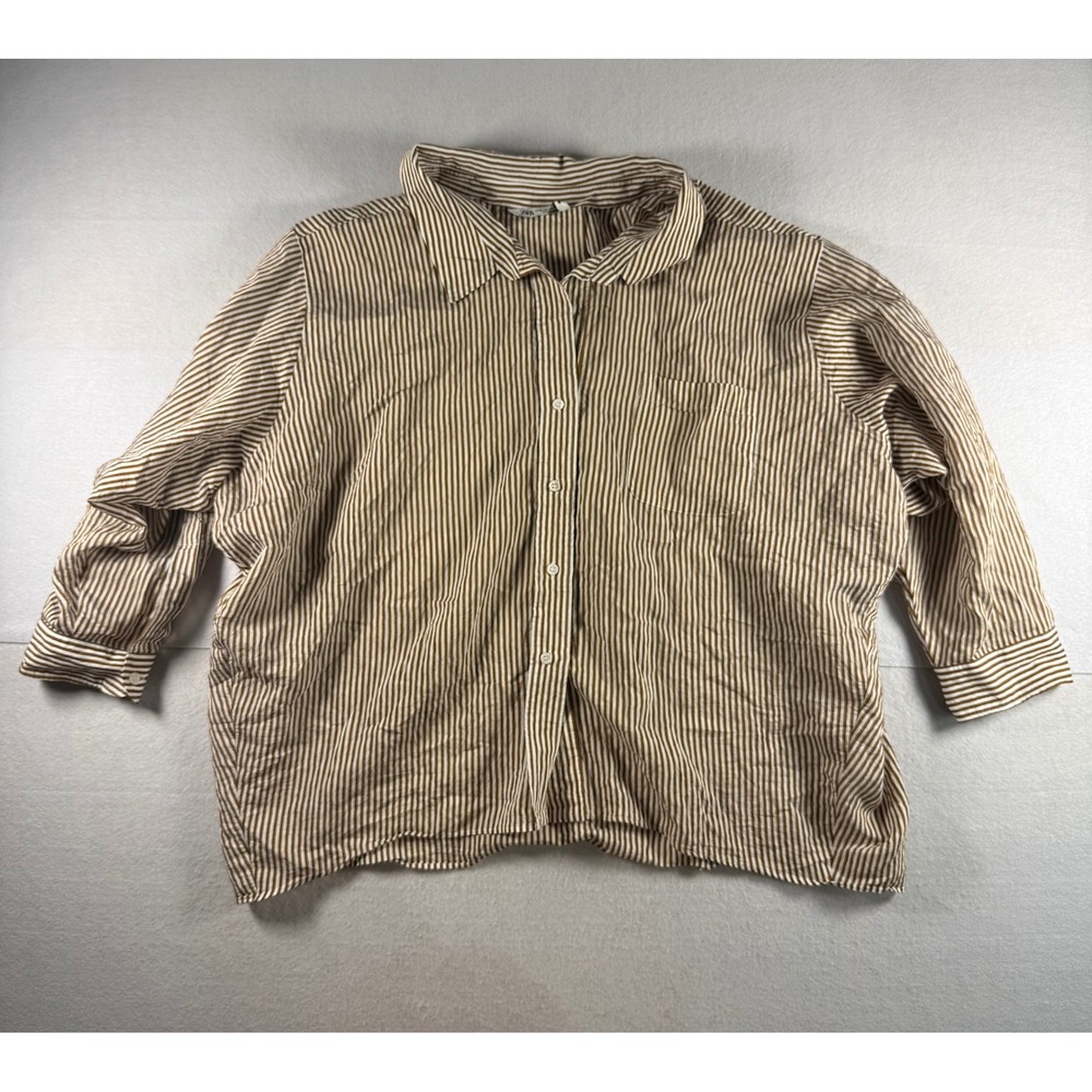 Zara Womens XL Brown White Striped Button Down Shirt Oversized Viscose Blend